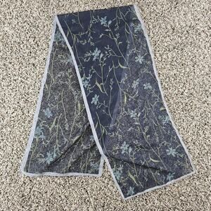 Vintage Womens Long Rectangular Scarf Blue Floral Semi Sheer